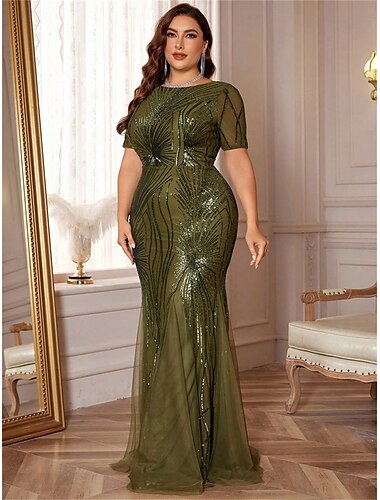  Meerjungfrau  Trompete Plus Size Kleider Elegantes Kurvenkleid Formelles Hochzeitskleid Bodenlang Kurzarm Rundhals Polyester mit Pailletten 2025