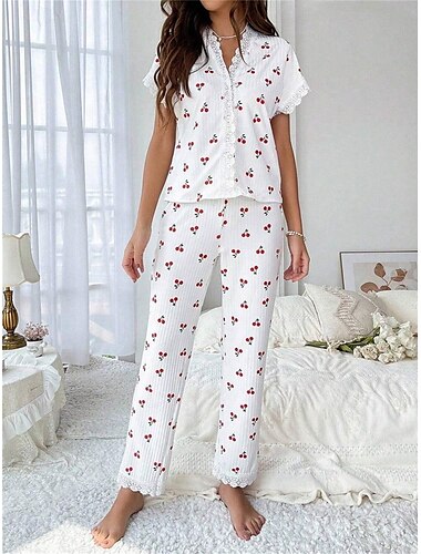  Damen Schlafanzug Set Lässig Komfort Blumen Schmetterling Patchwork Elastischer Bund Hemd Hose Heim Täglich Kurzarm V Ausschnitt Hellrosa Weiß Rosa Rote Sommer Frühling Normale Passform