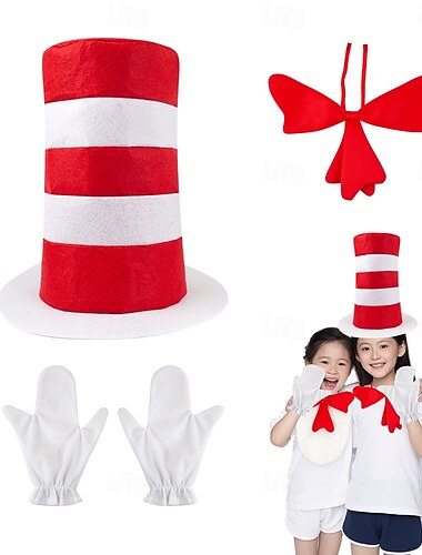  El gato en el sombrero Gato Guantes Conjunto de accesorios Sombrero alto Personajes de cuentos de hadas Cosplay Cosplay de película for Unisexo Adulto Víspera de Todos los Santos Carnaval Día Mundial