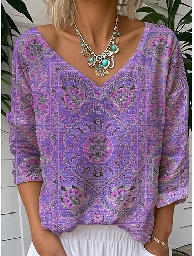  Damen Bluse Grafik Paisley-Muster Stilvoll Lässig Langarm V Ausschnitt Normale Oberteile Täglich Rosa Blau Purpur Sommer Frühling