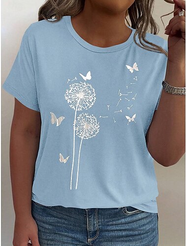  Damen Übergröße Oberteile T Shirt Blumen Gestreift Druck Kurzarm Rundhalsausschnitt Lässig Täglich Polyester Sommer Weiß Hellgrün