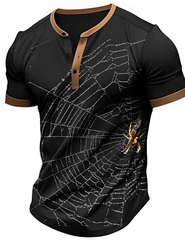  男性用 蜘蛛の巣 Tシャツ ヘンリーシャツ 半袖 デザイナー レトリ／ヴィンテージ カジュアル ストリート カジュアル 日常 夏 春 オールシーズン ブラック ヘンリー ヘンリーTシャツ