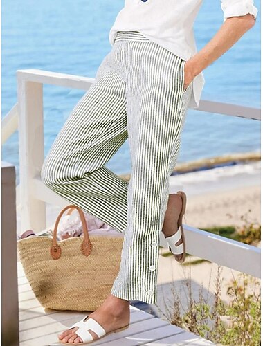 Damen Chinos Urlaub Lässig Volle Länge Hohe Taille Gestreift Tasche Elastischer Bund Drucken Bequem Weich Mikroelastisch Outdoor Straße Armee-Grün Schwarz Rosa Blau Sommer Frühling Normale Passform