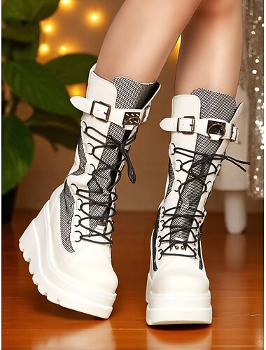  Witte platform combat boots voor dames, veterschoenen met mesh paneel en hoge enkellaarsjes met gespen, edgy streetwear-stijl voor het nachtleven en feestelijke looks