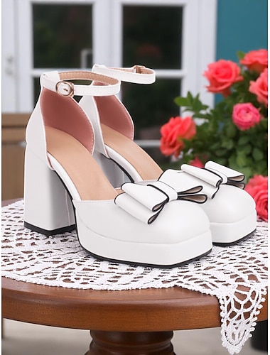  Schwarze Retro-Plateauschuhe für Damen mit weißer Schleife und Knöchelriemen – elegante Blockabsatzschuhe im Stil der 50er Jahre für formelle Anlässe, Hochzeiten und Partys