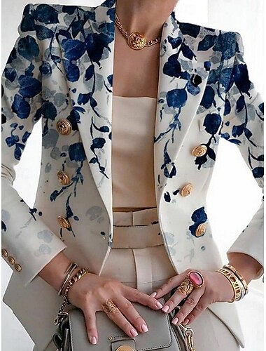  Mujer chaqueta Transpirable Cómodo Estampado Elegante Casual Hoja Formal Trabajo Oficina / Carrera Botonadura Doble Regular Cuello Vuelto Ajuste regular Manga Larga Ropa de calle Blanco Azul Marino