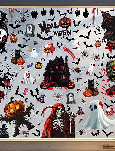  9 fogli di adesivi per vetrine di Halloween, decorazioni bifacciali, adesivi statici a forma di zucca, pipistrello, fantasma, mietitore, per vetrine, decorazioni per feste di Halloween.