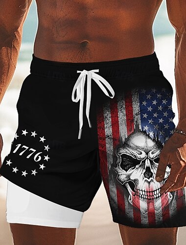  Jour de l'Indépendance Homme Drapeau américain Patriotique 1776 Short doublé Short de bain 2 en 1 Maillots de bain Taille Moyenne Fête Poches Latérales Avec doublure de compression Taille élastique