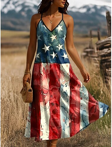  Unabhängigkeitstag Frauen Patriotisches vierter Juli Maxikleid A-Linie Kleid Slip Dress Urlaub Casual Feiertag Grafik Amerikanische Flagge Ärmellos V-Ausschnitt Spaghetti-Träger Hellgelb Rot