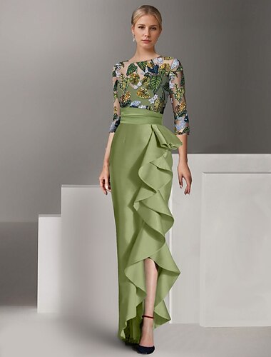  Robe de soirée élégante à volants et feuilles florales vertes et jaunes, brodée, longueur au sol, manches mi-longues, col illusion, satin, 2025