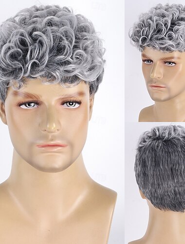  Synthetische Perücken Afro Lockig Wasserwelle Asymmetrisch Gerader Pony Maschinell hergestellt Perücke 10 Zoll A1 Synthetische Haare Herren Klassisch Bequem Farbverläufe Mehrfarbig