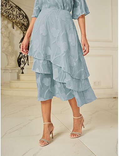  Dam Kjol Elegant Midi Medium Midja Kjolar Blommig Multi lager Oelastisk Fest Casual Ljusblå Sommar Chiffong