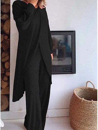 Damen Mode Streetwear Täglich Hosen-Sets Langarm Rundhalsausschnitt Einfarbig Gerafft Lässig Täglich Schwarz Weiß Rote Frühling Normale Passform