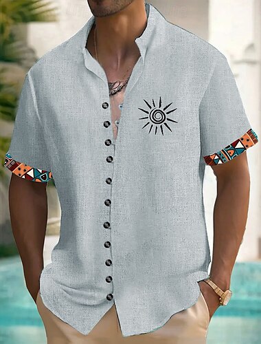  Herren Sonne Ethnisch Indische Kultur Hemd Knopfhemd Stehkragenhemd Kurze Ärmel Vintage-Retro Urlaub Täglich Sommer Frühling Großvaterkragen Mandarinkragen 3D-Druck Leinenähnliches Hemd Blau Grün