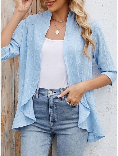  Dames Vrijetijdsjas Ademend Comfortabel Ruche Casual Effen Vakantie Straat Casual Alledaagse kleding Open voorzijde Normaal Zonder Kraag Normale pasvorm 3/4 mouw bovenkleding Zwart Wit Blozend Roze