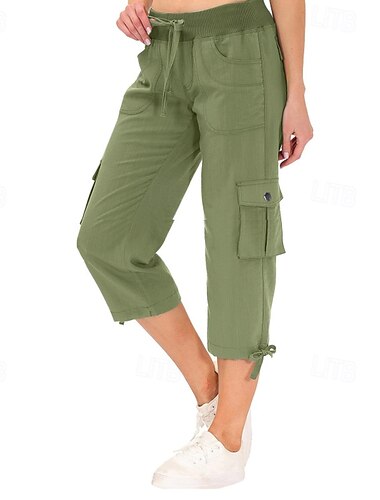  Damen Cargo-Hosen Stoffhosen Streetwear Lässig Wadenlang Natürliche Taille Einfach Tasche Elastisches Kordelzugdesign Bequem Außenbereich Outdoor Streetwear Kamel Dunkelbraun Hellhimmelblau Schwarz