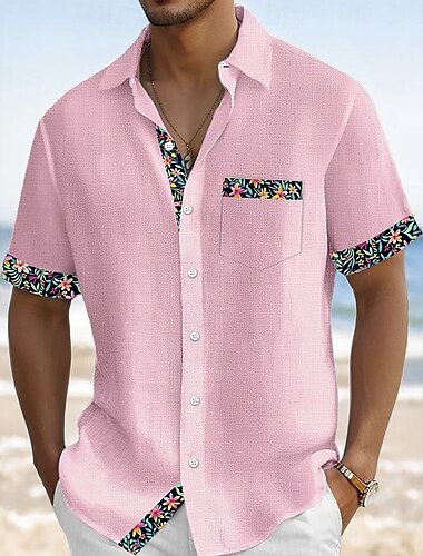  Herren Pflanzen Blumendruck Blumen Hemd Sommerhemd Knopfhemd Kurzarm Modisch lässig Urlaub Ferien Streetwear Sommer Umlegekragen 3D-Druck Eine Tasche vorne Leinenähnliches Hemd Rosa Blau Grün