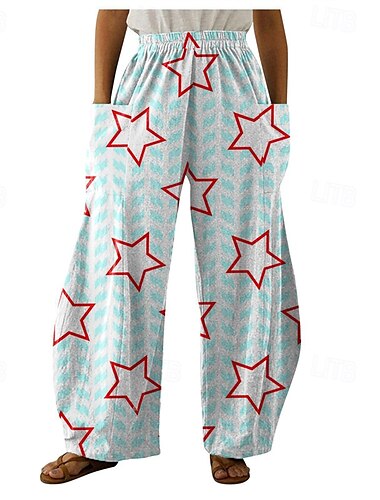  Damen Weites Bein Hosen Hose Gerade Streetwear Lässig Volle Länge Hohe Taille Nationalflagge Tasche Elastischer Bund Atmungsaktivität Weich Mikroelastisch Urlaub Straße Alltagskleidung Weiß Rot