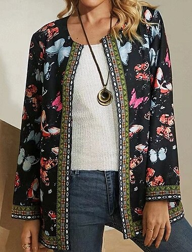  Naisten Tyylikkäät pölyhuiskarit Tyylikkäät takit Rento takki Katu Bile Syksy Talvi Normaali Takki Normaali Pidä lämpimänä Mukava Muoti Moderni Jackets Pitkähihainen Kukka Tasku Musta Punastuvan