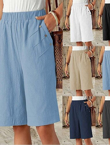  Dam Kinesiska Shorts Mode Streetwear Grundläggande Knelängd Hög midja Slät Ficka Elastiskt midjeband Bekväm Mjuk Microelastisk Utomhus Gata Mörkgrått Marin Svart Vit Sommar Vår Lös passning
