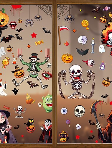  6 Sheets Halloween Window Cling Sticker Decals, Double-Sided Glass Window Decorations with Skeleton, Bat, Witch and Grim Reaper, Mall Storefront Scene Decor
