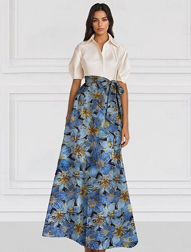  Jacquard-Brokat-Blumen-A-Linie Abendkleid elegantes Kleid formelle Hochzeitsgäste bodenlang Kurzarmhemd Kragentasche Nylon mit Tasche 2025