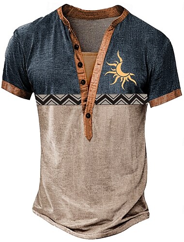  Herren Stammes T Shirt Henley Hemd T-Shirt Kurzarm Designer Basic Klassisch Outdoor Lässig Täglich Sommer Grau Marineblau Braun Henley Henley T-Shirt