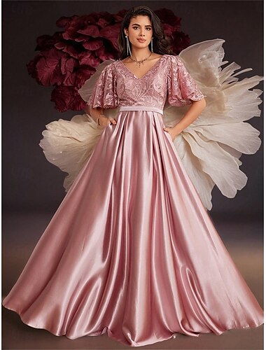  A-Linie Quinceanera-Kleider Elegant Kleid Formell Hochzeit Bodenlang Kurzarm V Ausschnitt Satin mit Falten 2025