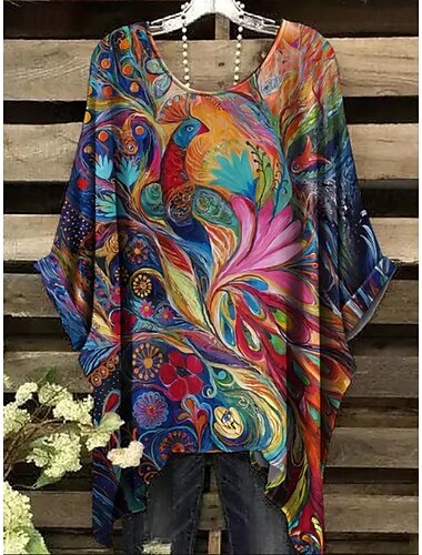 Damen Boho-Hemd Grafik Abstrakt Elegant Bohemien Aktiv Kurzarm Fledermaus Ärmel Rundhalsausschnitt Normale Oberteile Täglich Ferien Strandbekleidung Leicht Braun Blau Purpur Grün Rot / Blau Sommer