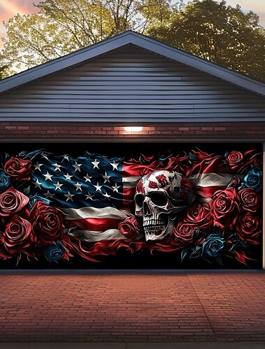  Decoraciones de puerta de Halloween Cubierta de puerta del garaje Calavera Banner al aire libre del 4 de julio del Día de la Independencia Gran fondo para el garaje de vacaciones decoraciones de
