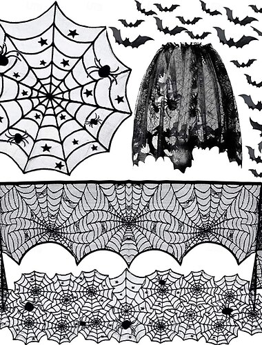  ハロウィン スパイダー デコレーション セット - ハロウィン ブラック スパイダー ウェブ テーブルクロス、ハロウィン テーブルランナー、ハロウィン スパイダー ウェブ ランプシェード、ハロウィン パーティー用 恐ろしい 3D コウモリ 36 個