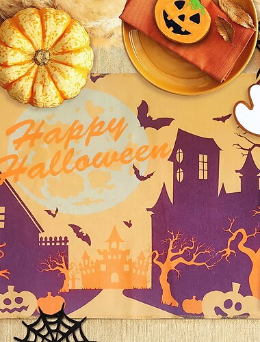  ハロウィン プレースマット、長方形 お手入れ簡単 コットンリネン プレースマット、パーティー ホリデー 日常使い 装飾テーブルマット 4枚セット、魔女の帽子 不気味なカボチャ 魔法の夜 秋