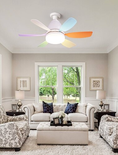  Ventilateur de plafond moderne de 50 cm avec 6 pales, télécommande, éclairage dynamique RVB, haut-parleur Bluetooth, 3 réglages de température de couleur pour chambre d'enfant, salle de jeux,