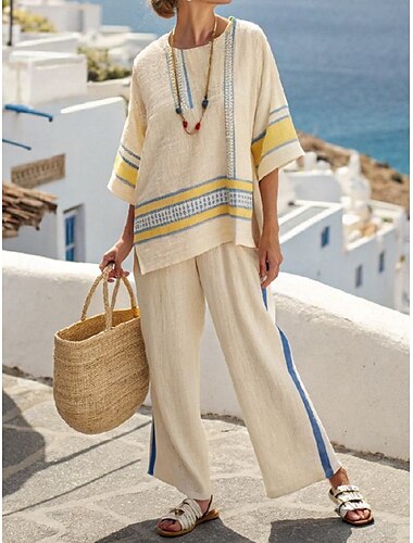  Damen Mode Streetwear Täglich Hosen-Sets Langarm Rundhals Gestreift Druck Lässig Täglich Rote Blau Grün Sommer Normale Passform