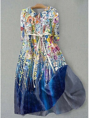  Damen Midikleid Shiftkleid Lässig Täglich Normale Passform Blumen Grafik Halbarm Revers Dunkelgrün Blau Grün Sommer Frühling