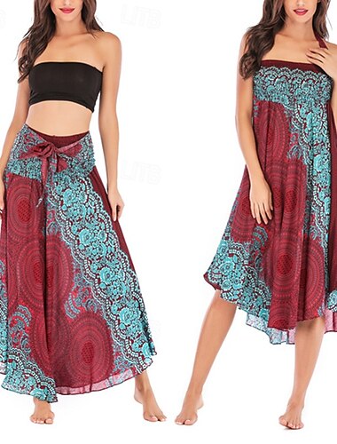  Mujer Falda Línea A Columpio Casual Boho Maxi Alta cintura Faldas Floral Estampado Microelástico Vacaciones Festivos Blanco Vino Azul Real Verde Oscuro Verano Poliéster