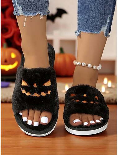  Flauschige Halloween-Hausschuhe für Damen – schwarze Plüsch-Sandalen mit Kürbisgesichts-Design für gemütliche Herbstnächte und Partys &Indoor-Kleidung