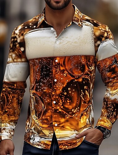  Herren Optische Täuschung Oktoberfest-Bier Hemd Durchgeknöpft Hemd Hawaiihemden Langarm Hawaiianisch Outdoor Urlaub Ferien Sommer Frühling Umlegekragen 3D-Druck Hemden mit Kragen Gelb Braun
