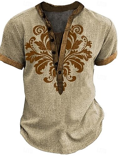  Herren Retro Ethnisch T Shirt Henley Hemd T-Shirt Kurzarm Designer Basic Ethnisch Outdoor Lässig Täglich Sommer Khaki Henley Henley T-Shirt