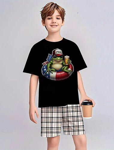  Amerikanischer Unabhängigkeitstag Jungen 3D Grafik T-Shirt Kurzarm Sommer Frühling Mode Basic Kinder 4-12 Jahre Rundhalsausschnitt Outdoor Lässig Täglich Normale Passform