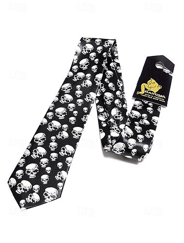  Schwarze Satin-Krawatte mit Gothic-Totenkopf-Print für Herren – Retro-Halloween-Party-Accessoire für Punk- und Vintage-inspirierte Outfits
