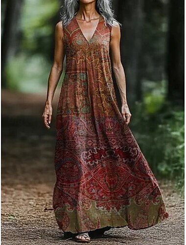  Dames Lange jurk maxi-jurk Casual jurk Tank-jurk Zomerjurk Afrikaanse Dagelijks Feestdagen Strand Normale pasvorm Geometrisch Paisley Kleurenblok Mouwloos V-hals Wijn Zomer