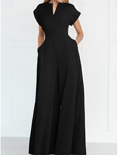  Dames Normaal Jumpsuit Elegant Effen Kleur Korte mouw V-hals Zak Hoge taille Vakantie Dagelijks Normale pasvorm Zwart blauw Groen Zomer