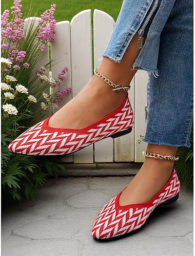  Rote Flyknit-Ballerinas für Damen – weiche Ballerinas mit Chevron-Muster und spitzer Spitze für zwanglose Verabredungen, Picknicks und Tagesveranstaltungen
