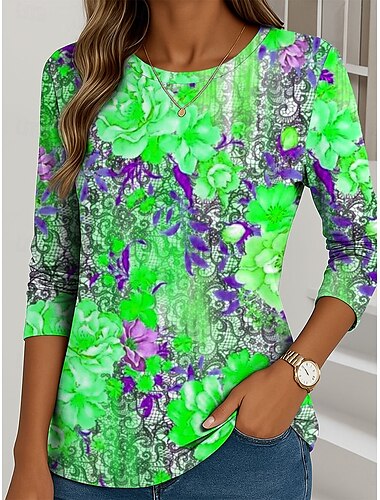  Damen T Shirt Blumen Grafik Pflanzen Vintage Stilvoll Klassisch Langarm Rundhalsausschnitt Rundhals Normale Oberteile Täglich Druck Gelb Rote Fuchsie Grün Sommer Frühling Herbst