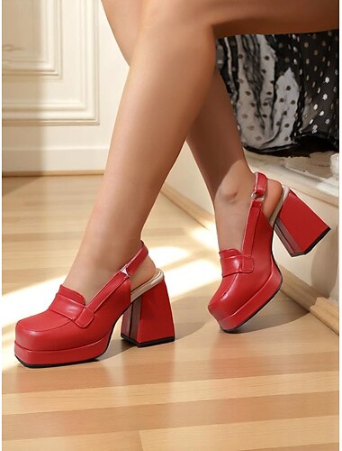  スリングバックストラップ付きのレディースブラウンチャンキープラットフォームローファーヒール - ファッションイベント、ストリートウェア、普段使いに最適な1950年代風のレトロなブロックヒールパンプス