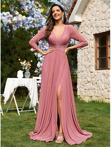  A-Linie Quinceanera-Kleider Elegant Kleid Formell Hochzeit Bodenlang Langarm V Ausschnitt Chiffon Ladderback-Rückenausschnitt mit Falten 2025