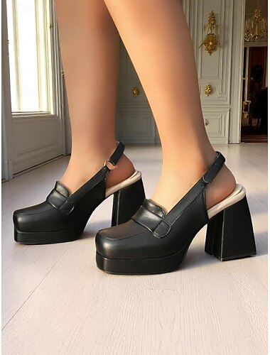  Damen-Loafer mit klobiger Plateausohle und Slingback-Riemen – Retro-Pumps mit Blockabsatz im 50er-Jahre-Stil für Fashion-Events, Streetwear und den Alltag