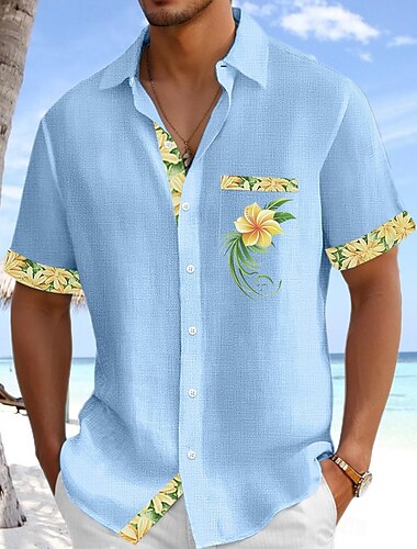  Herren Hemd Leinenhemd Sommerhemd Strandhemd Knopfhemd Blumenmuster Lässig Ferien Hellgrün Rosa Himmelblau Grün Kurze Ärmel Umlegekragen Sommer Bekleidung Fronttasche