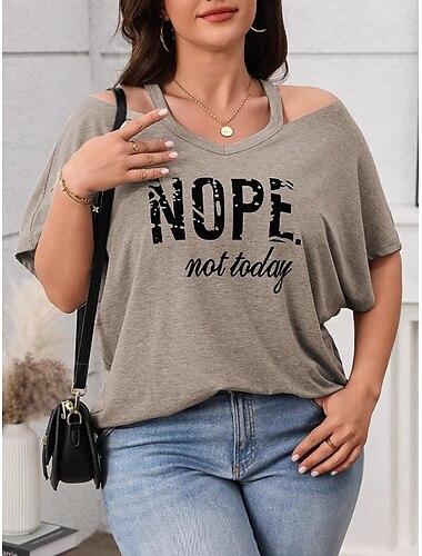  Damen Übergröße Oberteile T Shirt Grafik Buchstabe Kurzarm V Ausschnitt Lässig Täglich Polyester Sommer Frühling Schwarz Kaki